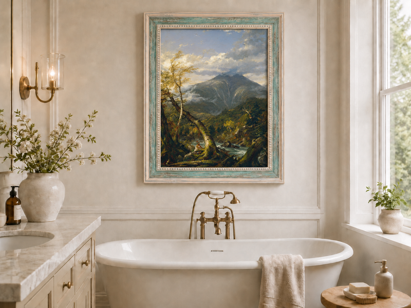 Peinture à l'huile de paysage - Rivière printanière avec pêcheur et arbres