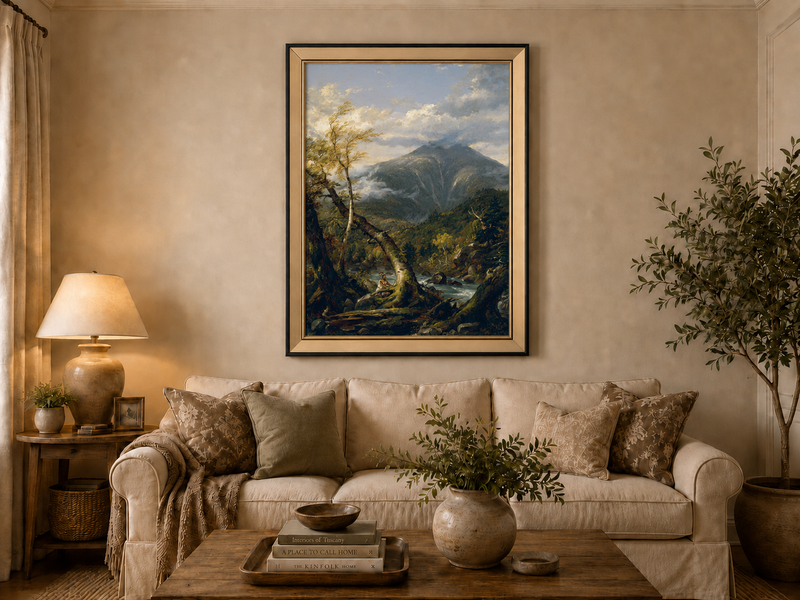 Peinture à l'huile de paysage - Rivière printanière avec pêcheur et arbres