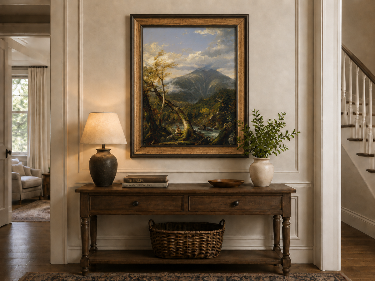 Peinture à l'huile de paysage - Rivière printanière avec pêcheur et arbres