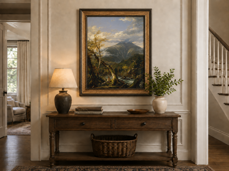 Peinture à l'huile de paysage - Rivière printanière avec pêcheur et arbres