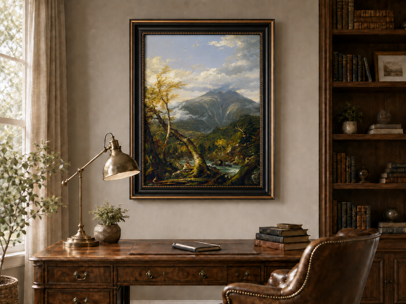 Peinture à l'huile de paysage - Rivière printanière avec pêcheur et arbres