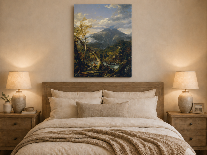Peinture à l'huile de paysage - Rivière printanière avec pêcheur et arbres