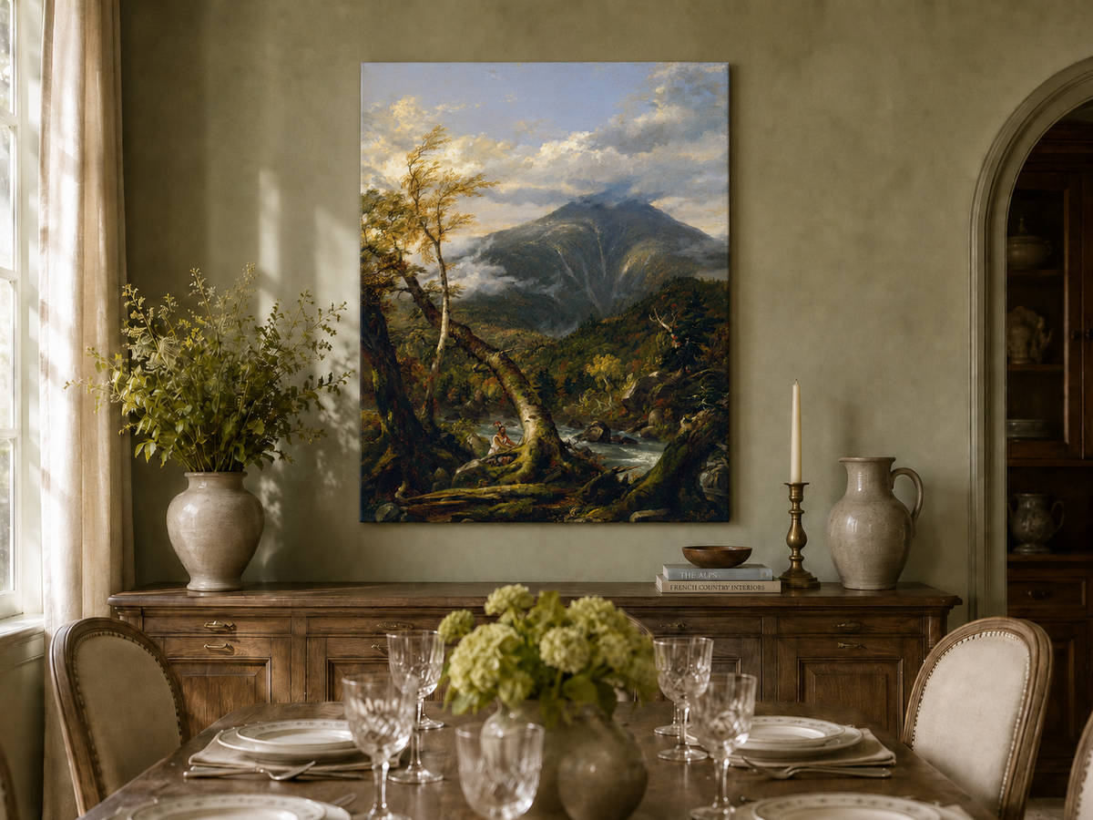 Peinture à l'huile de paysage - Rivière printanière avec pêcheur et arbres
