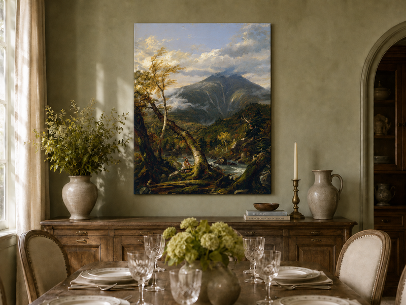 Peinture à l'huile de paysage - Rivière printanière avec pêcheur et arbres