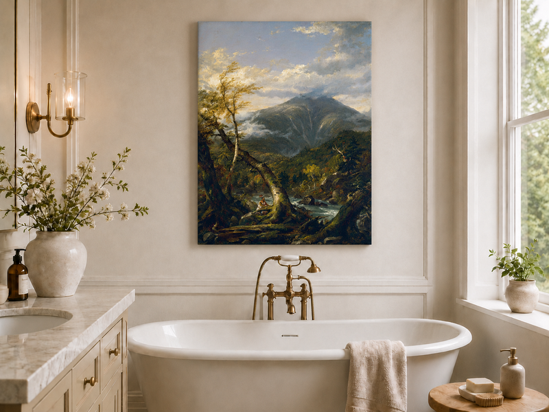 Peinture à l'huile de paysage - Rivière printanière avec pêcheur et arbres