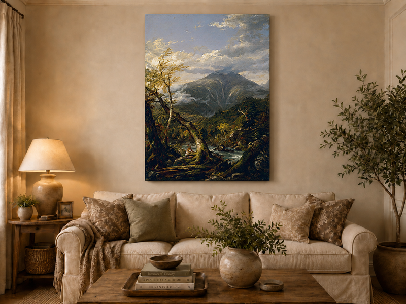 Peinture à l'huile de paysage - Rivière printanière avec pêcheur et arbres
