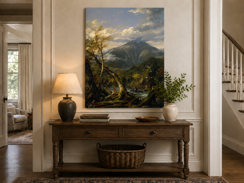 Peinture à l'huile de paysage - Rivière printanière avec pêcheur et arbres
