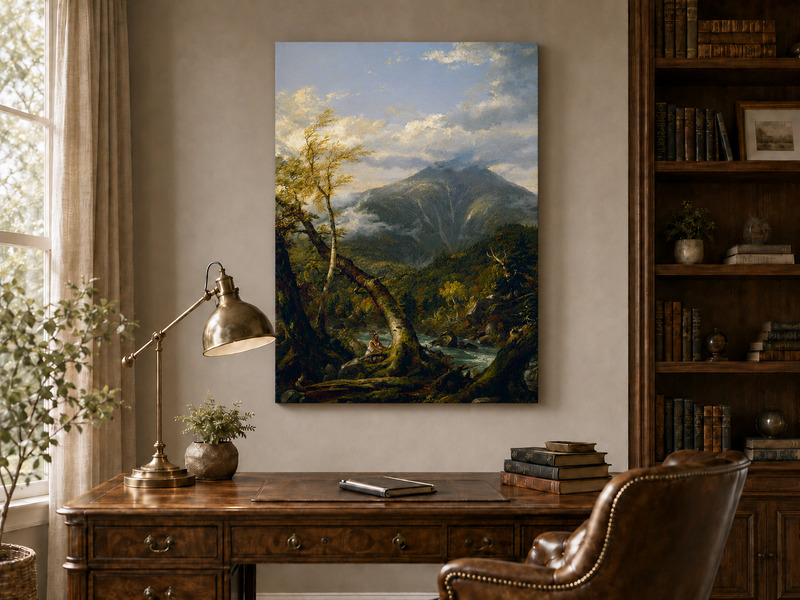 Peinture à l'huile de paysage - Rivière printanière avec pêcheur et arbres