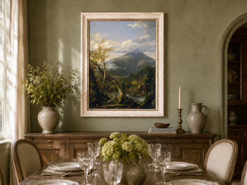 Peinture à l'huile de paysage - Rivière printanière avec pêcheur et arbres