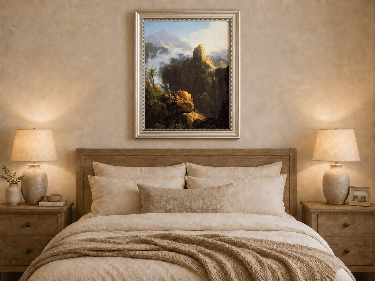 Peinture à l'huile de paysage - Rivière printanière avec pêcheur et arbres