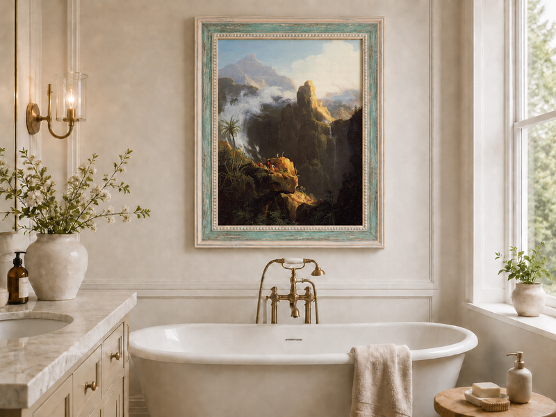 Peinture à l'huile de paysage - Rivière printanière avec pêcheur et arbres