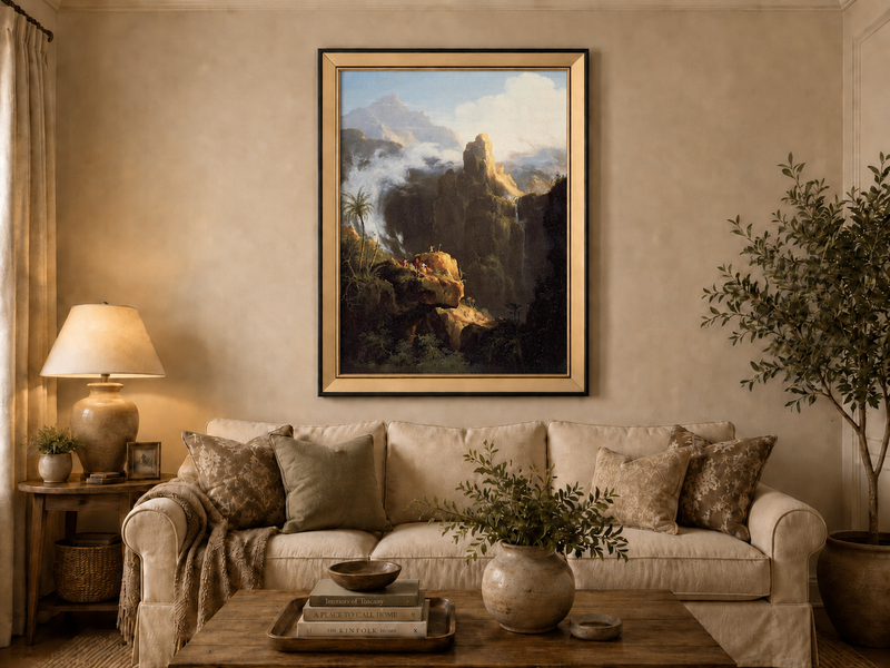 Peinture à l'huile de paysage - Rivière printanière avec pêcheur et arbres