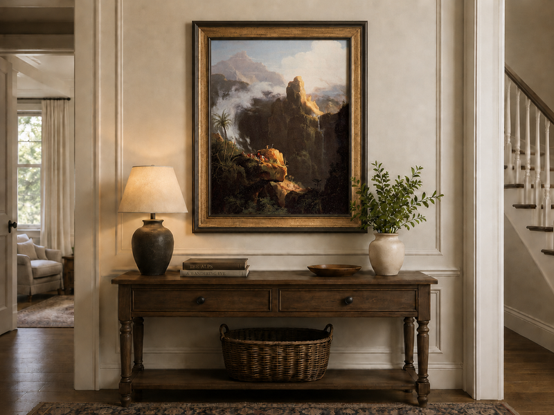 Peinture à l'huile de paysage - Rivière printanière avec pêcheur et arbres