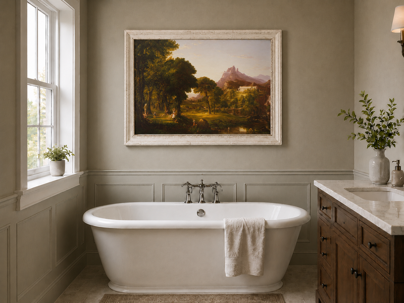 Peinture à l'huile de paysage - Village côtier avec phare et coucher de soleil