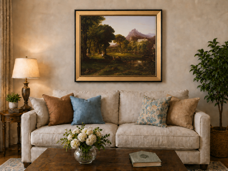 Peinture à l'huile de paysage - Village côtier avec phare et coucher de soleil