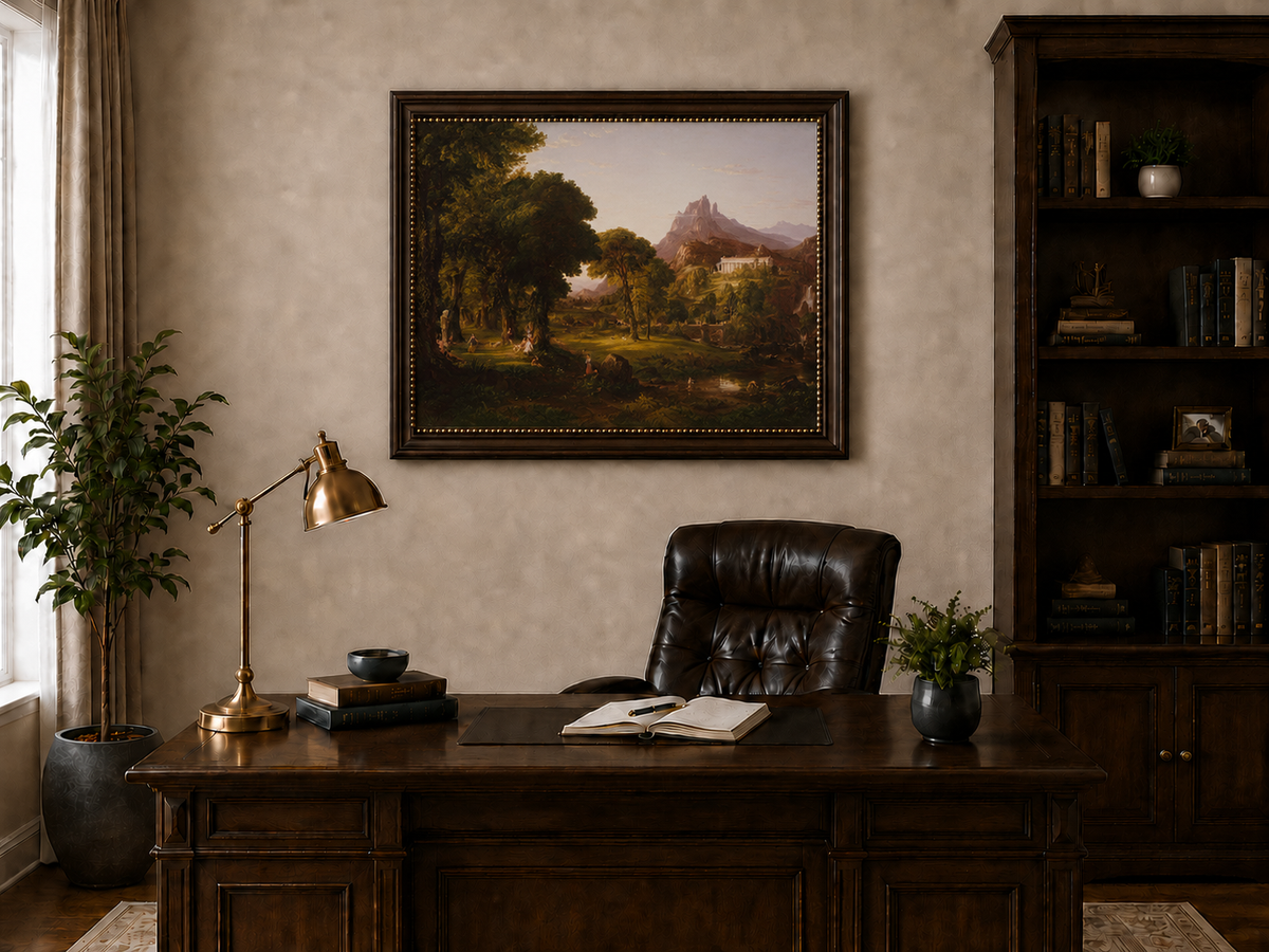Peinture à l'huile de paysage - Village côtier avec phare et coucher de soleil