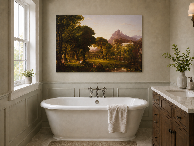 Peinture à l'huile de paysage - Village côtier avec phare et coucher de soleil