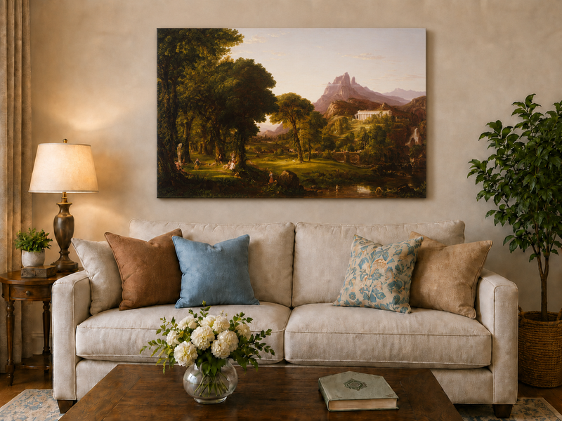Peinture à l'huile de paysage - Village côtier avec phare et coucher de soleil