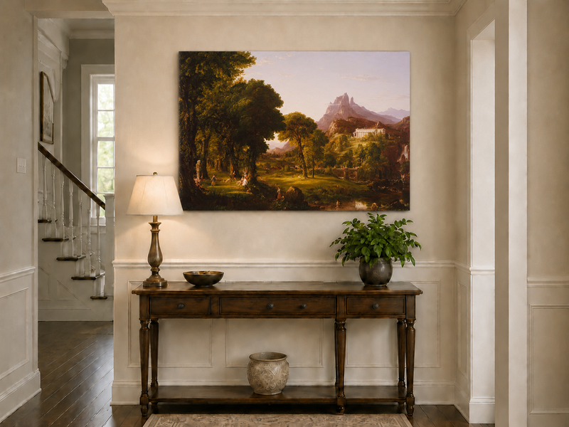 Peinture à l'huile de paysage - Village côtier avec phare et coucher de soleil