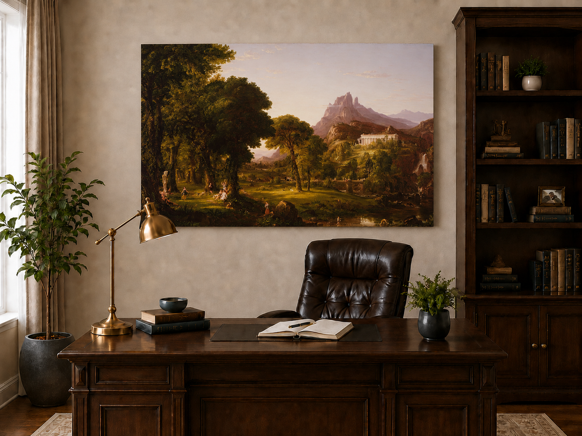 Peinture à l'huile de paysage - Village côtier avec phare et coucher de soleil