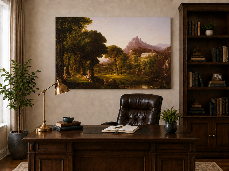 Peinture à l'huile de paysage - Village côtier avec phare et coucher de soleil