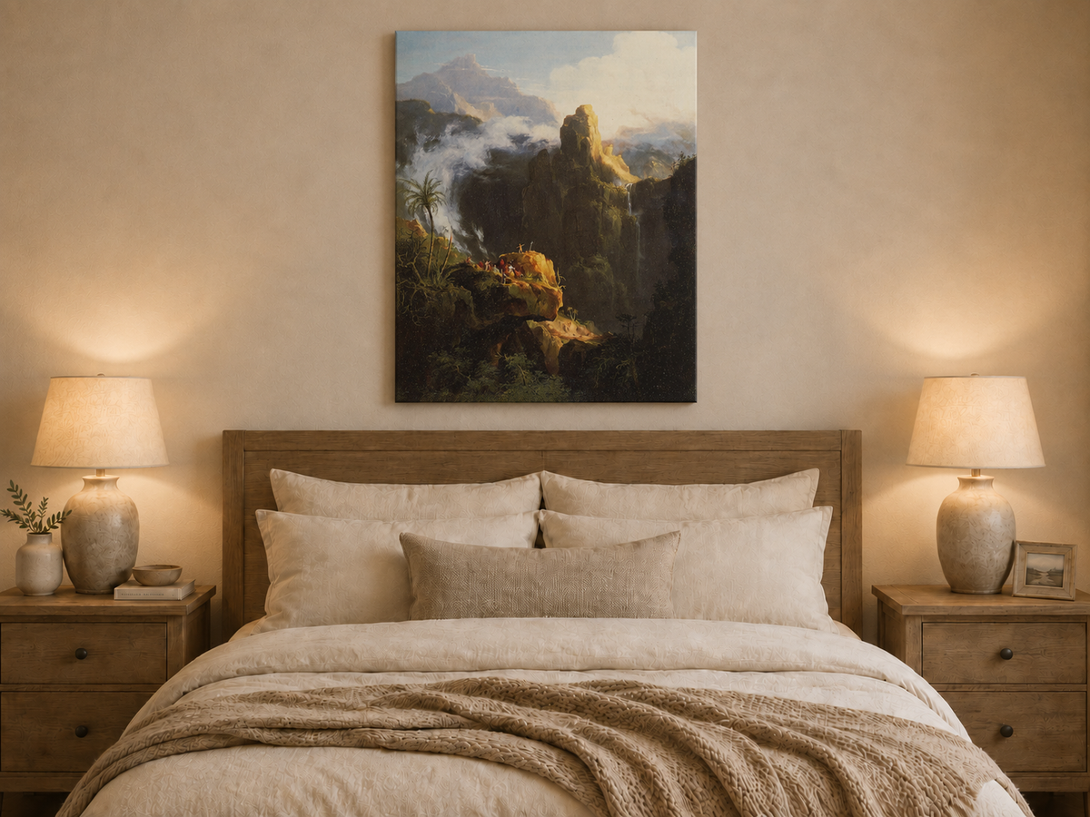 Peinture à l'huile de paysage - Rivière printanière avec pêcheur et arbres