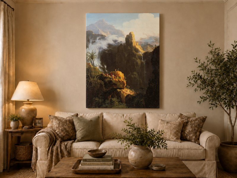 Peinture à l'huile de paysage - Rivière printanière avec pêcheur et arbres