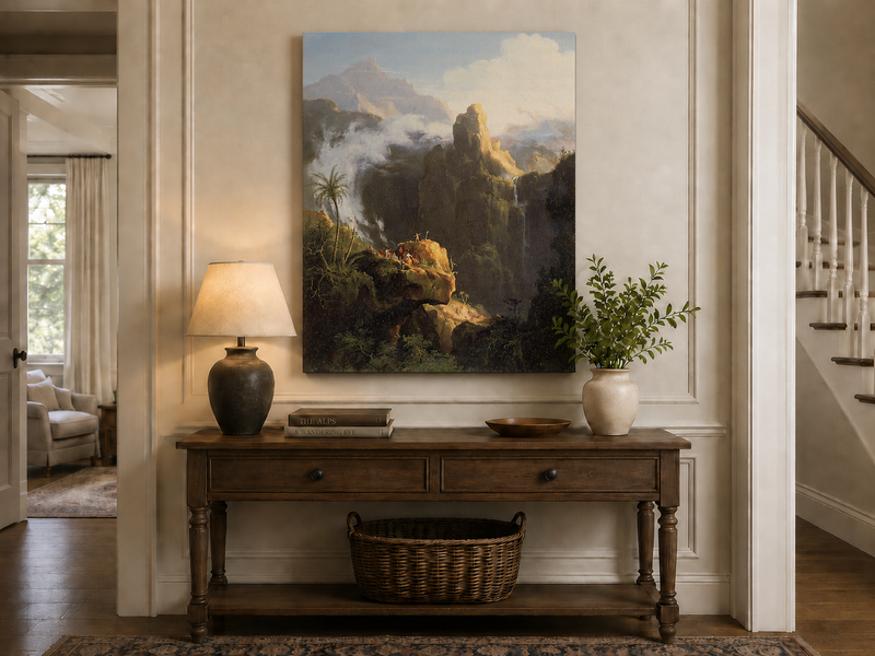 Peinture à l'huile de paysage - Rivière printanière avec pêcheur et arbres