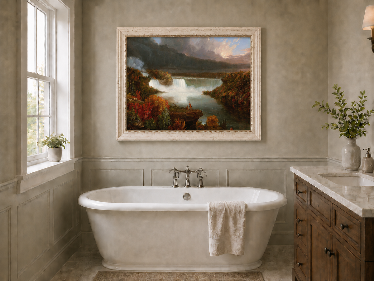 Landscape Oil Painting - Autumn Waterfall Over Majestic River