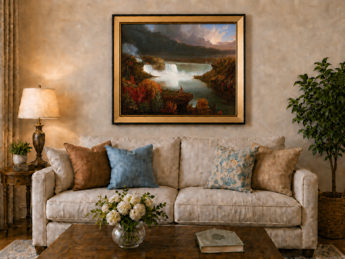 Landscape Oil Painting - Autumn Waterfall Over Majestic River