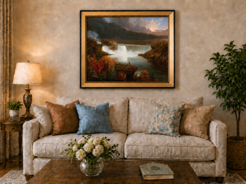 Landscape Oil Painting - Autumn Waterfall Over Majestic River