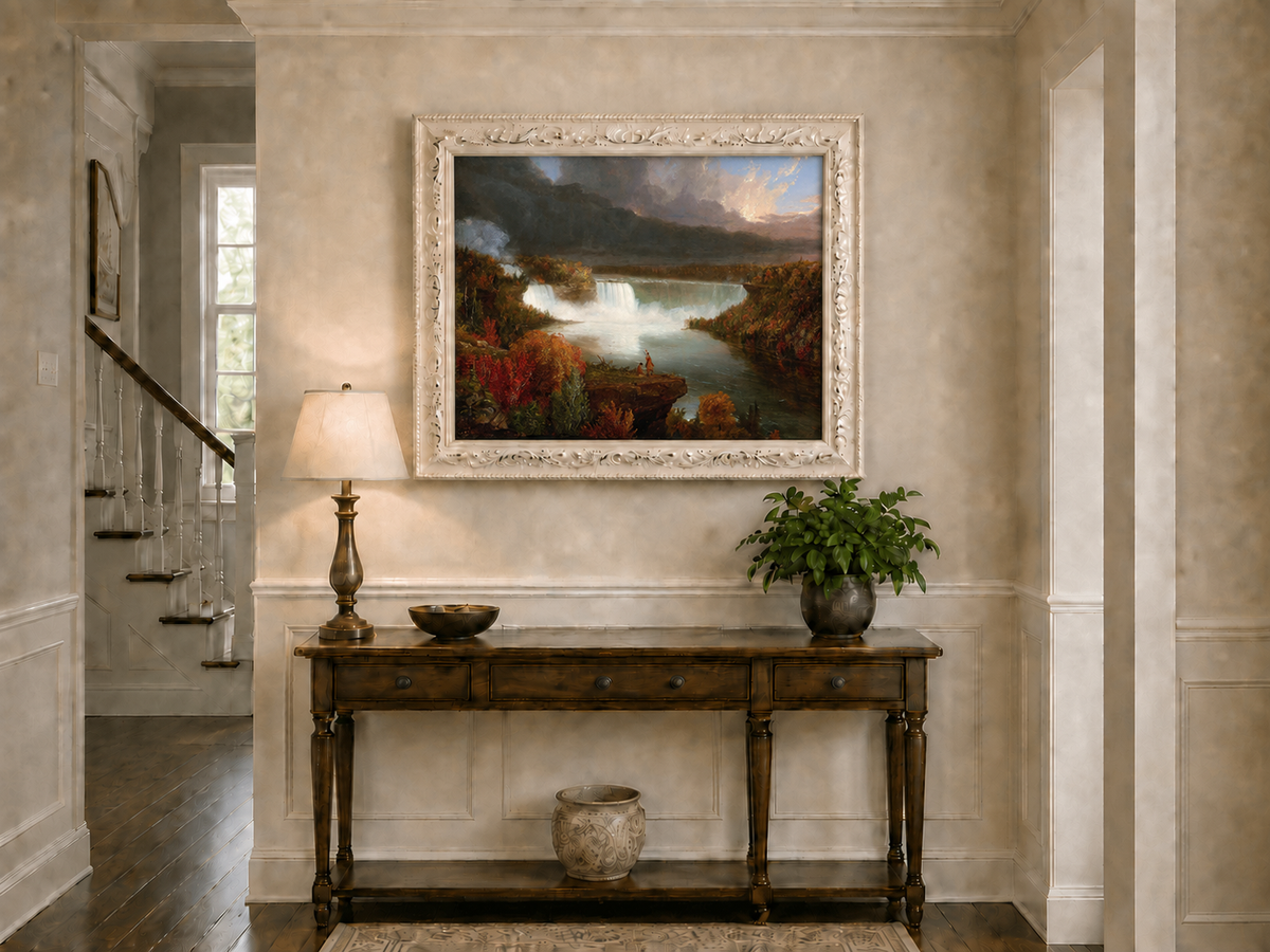 Landscape Oil Painting - Autumn Waterfall Over Majestic River