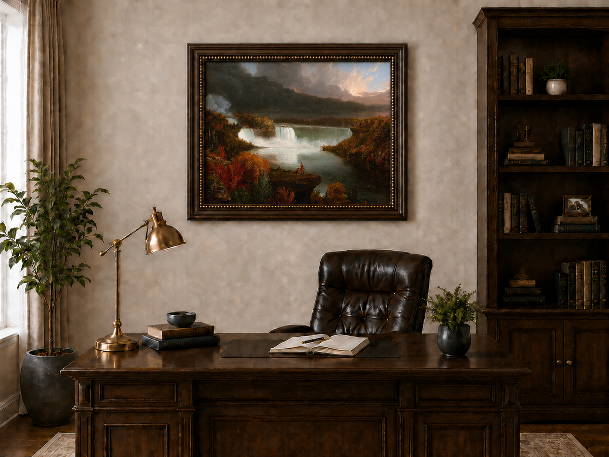 Landscape Oil Painting - Autumn Waterfall Over Majestic River