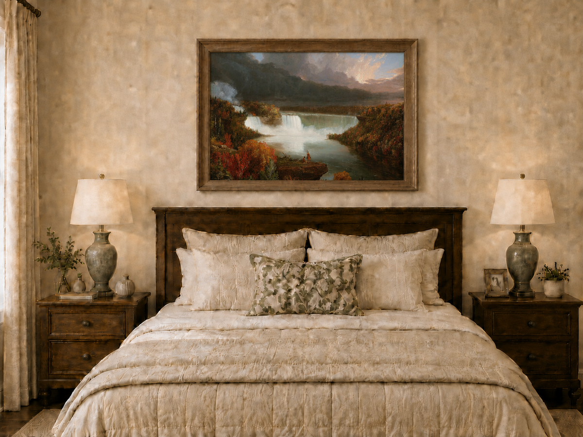 Landscape Oil Painting - Autumn Waterfall Over Majestic River