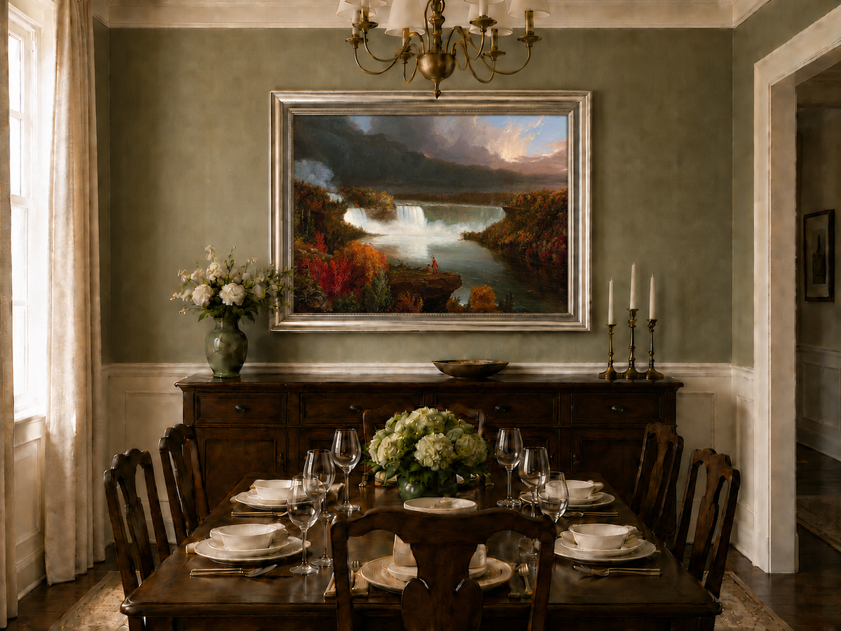 Landscape Oil Painting - Autumn Waterfall Over Majestic River