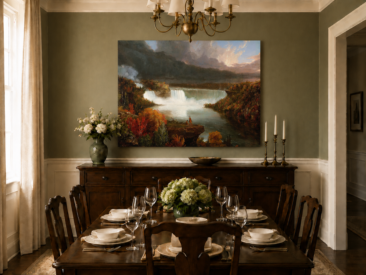 Landscape Oil Painting - Autumn Waterfall Over Majestic River