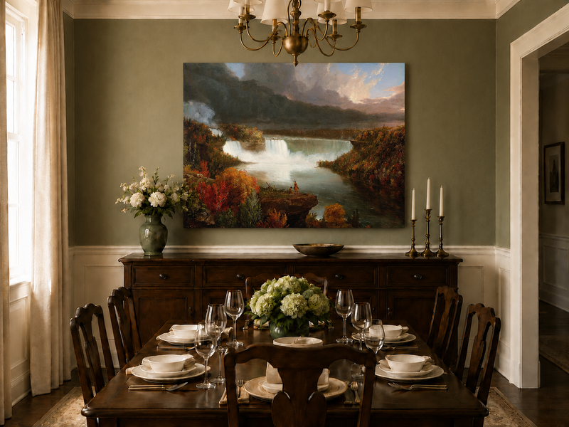 Landscape Oil Painting - Autumn Waterfall Over Majestic River