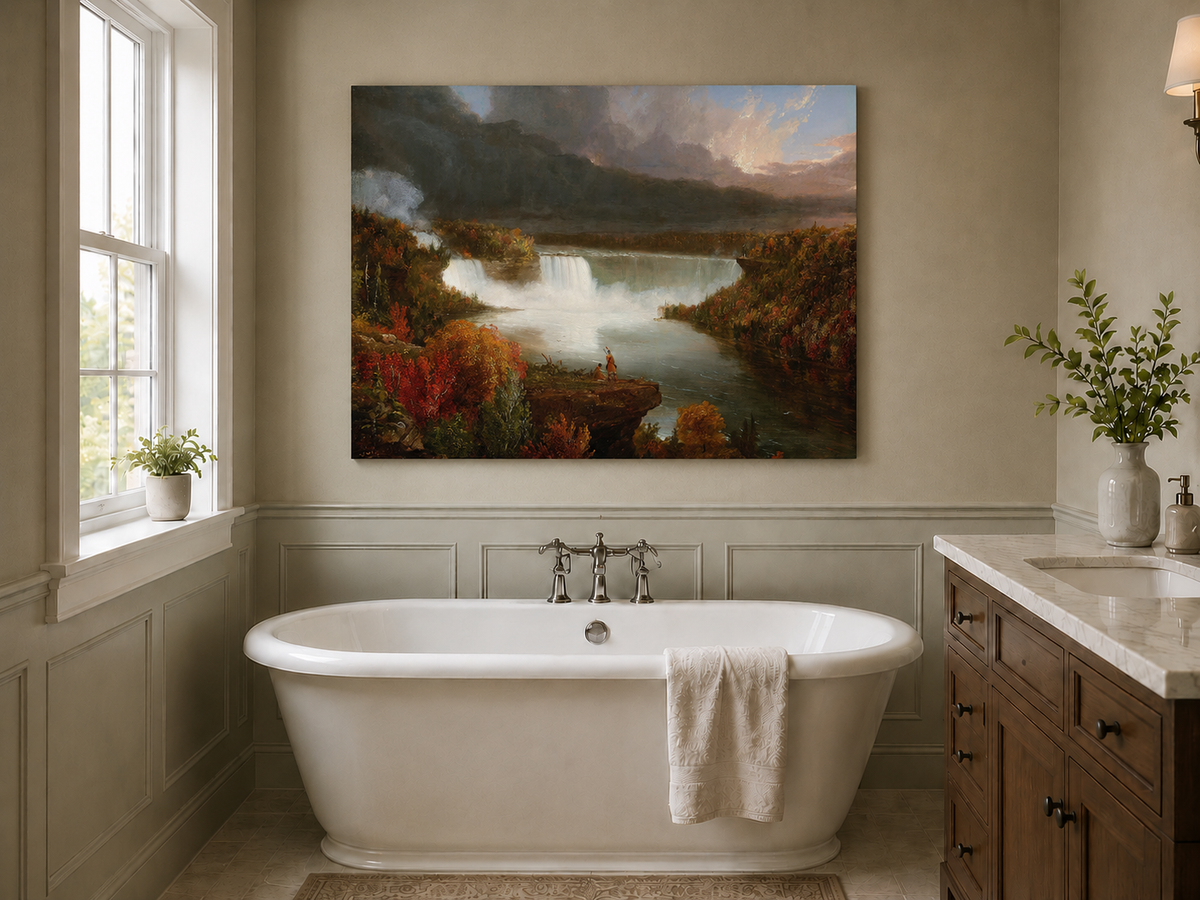 Landscape Oil Painting - Autumn Waterfall Over Majestic River