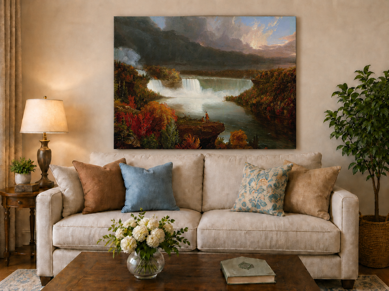 Landscape Oil Painting - Autumn Waterfall Over Majestic River