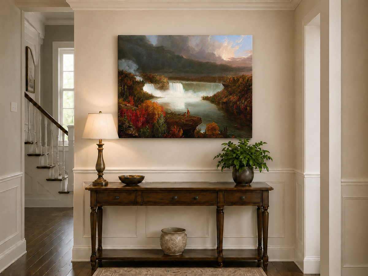 Landscape Oil Painting - Autumn Waterfall Over Majestic River