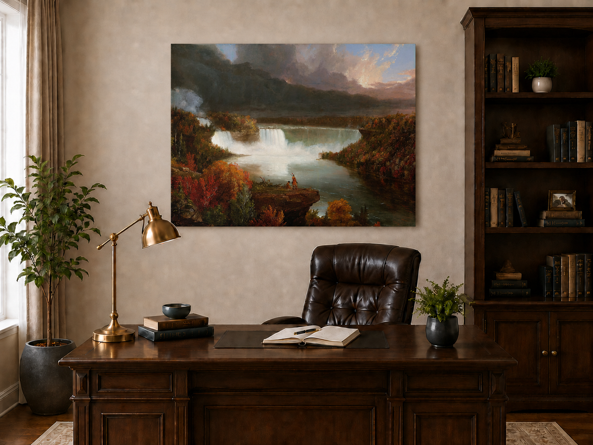 Landscape Oil Painting - Autumn Waterfall Over Majestic River