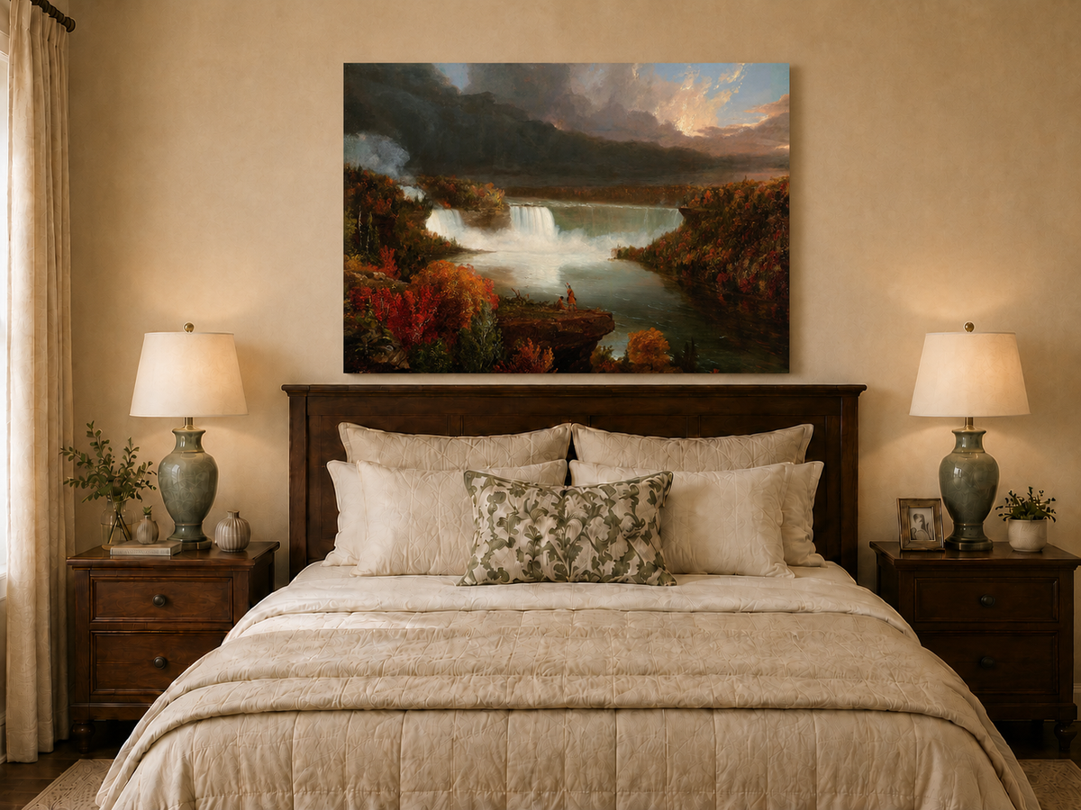 Landscape Oil Painting - Autumn Waterfall Over Majestic River