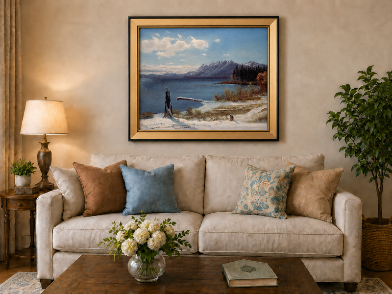 Landscape Oil Painting - Hand-Painted Snowy Lake Mountain View