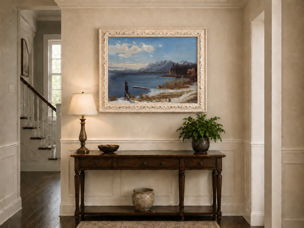 Landscape Oil Painting - Hand-Painted Snowy Lake Mountain View