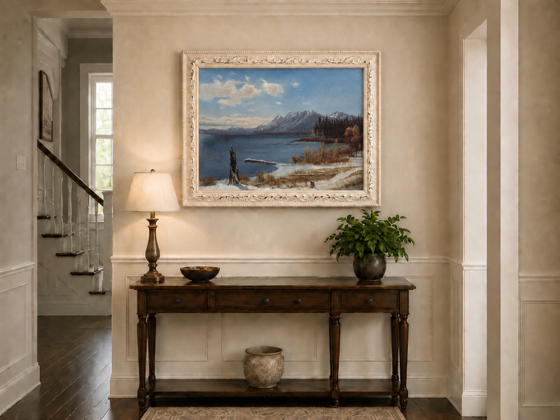 Landscape Oil Painting - Hand-Painted Snowy Lake Mountain View