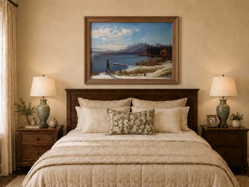 Landscape Oil Painting - Hand-Painted Snowy Lake Mountain View