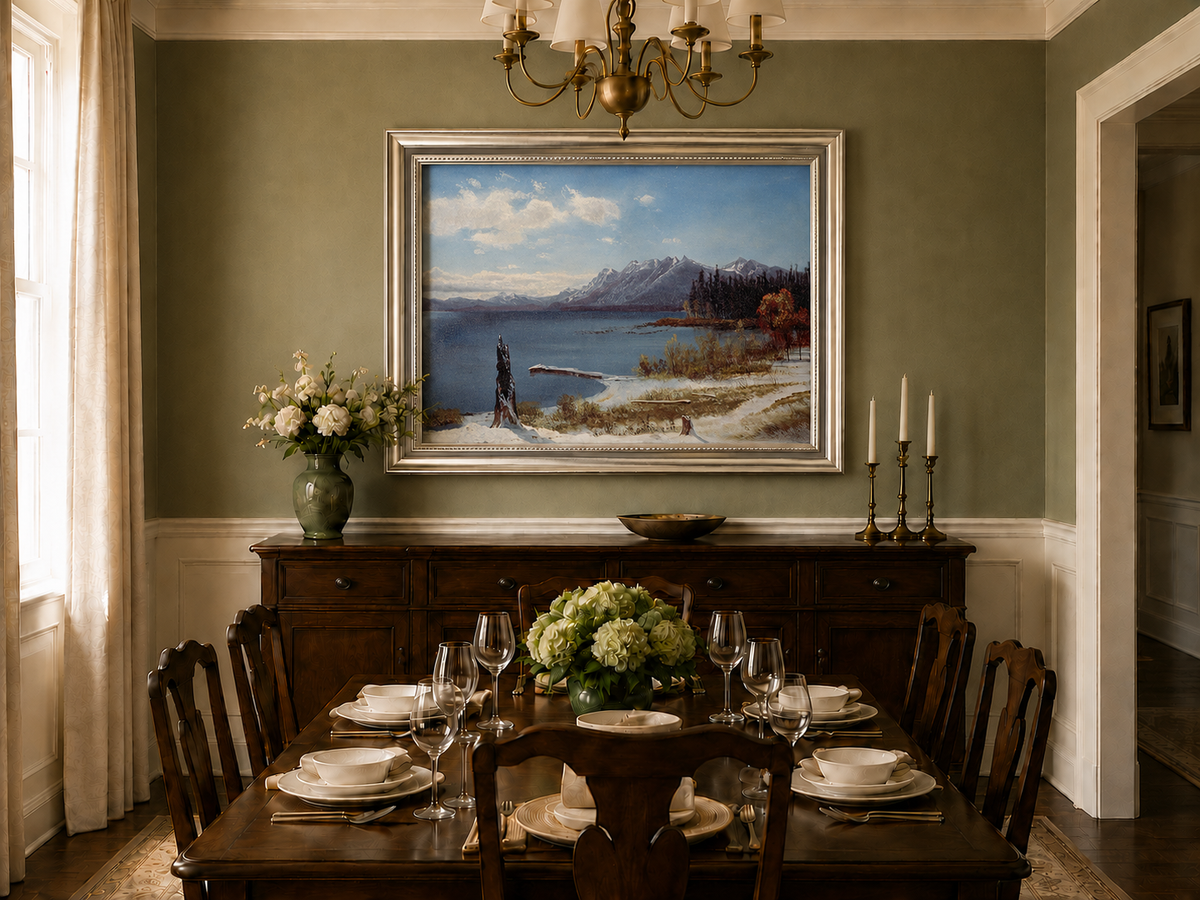 Landscape Oil Painting - Hand-Painted Snowy Lake Mountain View
