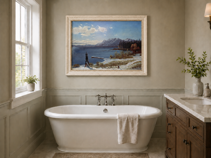 Landscape Oil Painting - Hand-Painted Snowy Lake Mountain View