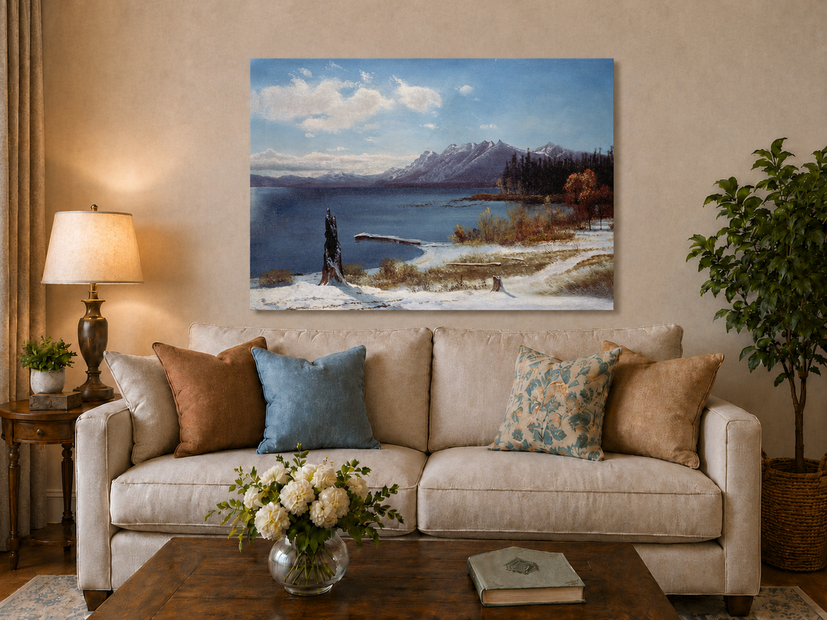 Landscape Oil Painting - Hand-Painted Snowy Lake Mountain View