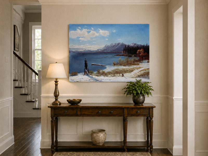 Landscape Oil Painting - Hand-Painted Snowy Lake Mountain View